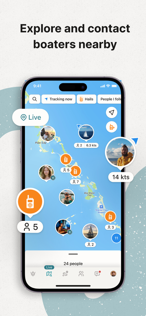 SeaPeople: Boat Travel Map - Interface of the SeaPeople app showing a live map with locations and profile photos of nearby boaters