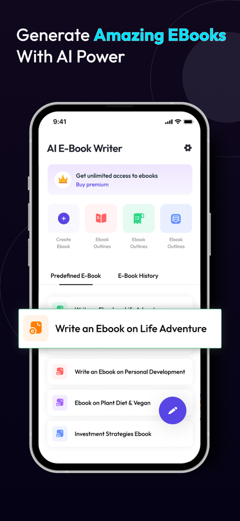 AI Ebook Generator-Book Writer - Tela do smartphone mostrando a página inicial do aplicativo Gerador de Ebooks IA com opções para criar ebooks e esboços para tópicos como desenvolvimento pessoal e estratégias de investimento.