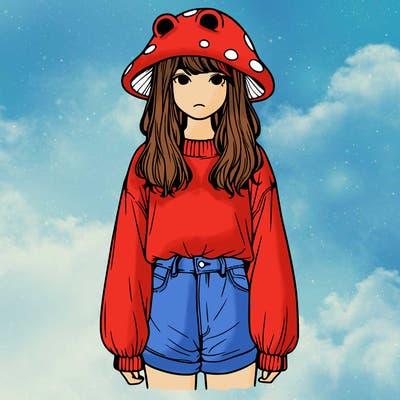 a realistic girl with a frog hat and baggy mushroom shirt