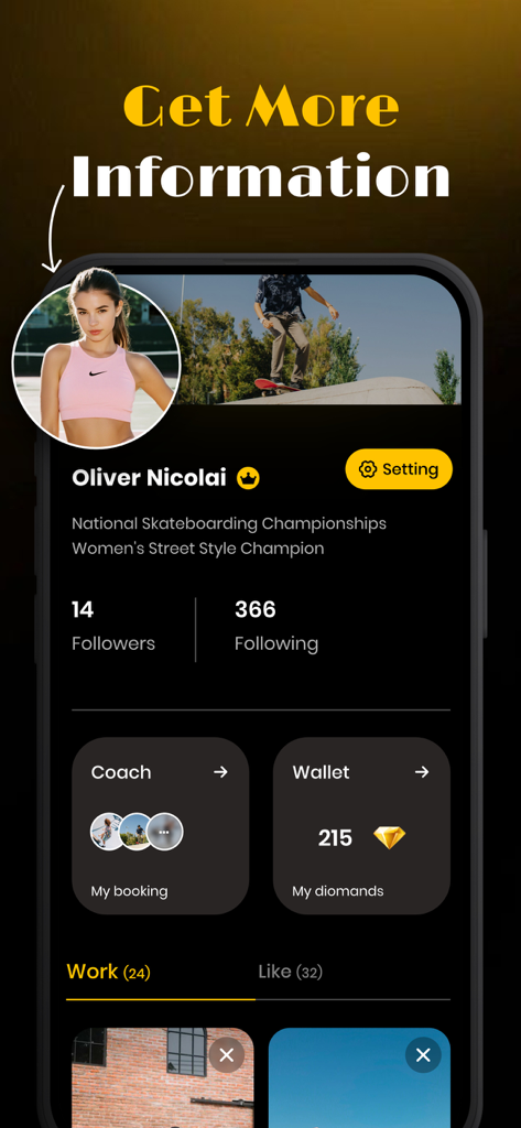 User profile interface in the Rollmate app showing a skater bio follower count and digital wallet