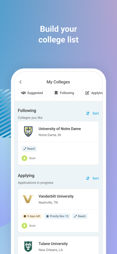 Scoir mobile app screen for organizing and tracking college applications