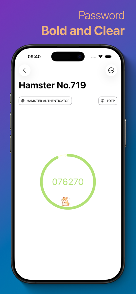 Pantalla de la aplicación móvil Hamster Authenticator que muestra un código de verificación 2FA claro con un círculo de progreso verde