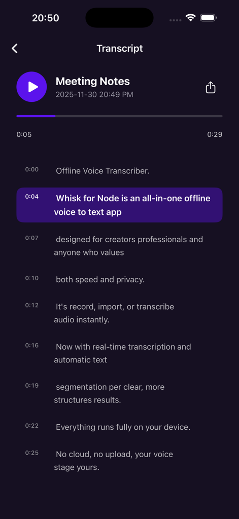 WhisperNotes app interface showing a meeting notes transcript with timestamps and offline AI voice-to-text segments
