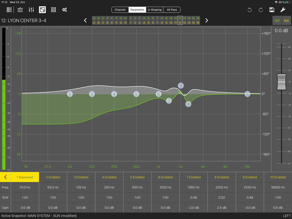Compass Go by Meyer Sound - Compass Go app interface showing professional parametric EQ curves and frequency adjustments for audio processors