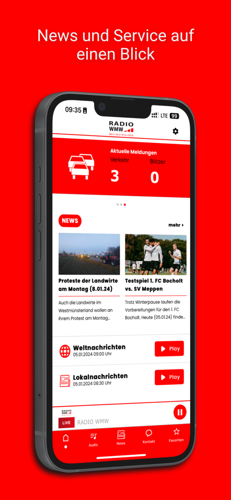 Smartphone-Bildschirm zeigt die RADIO WMW App mit Nachrichtenartikeln, Verkehrsmeldungen und Wiedergabetasten für Weltnachrichten auf Deutsch.