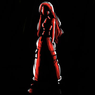 girl in baggy pants crop top and long hair