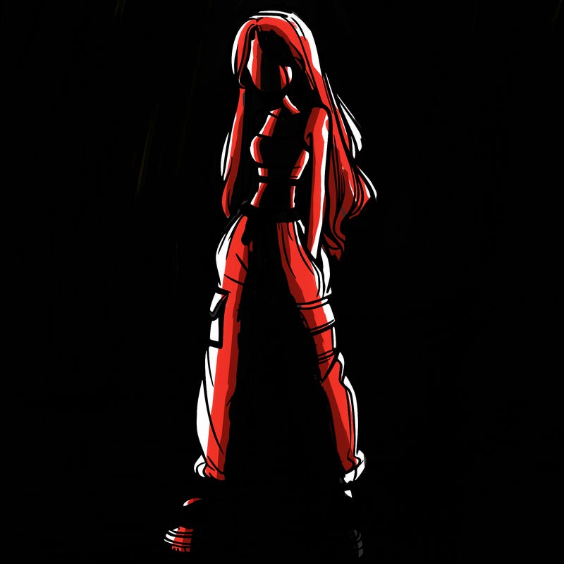 girl in baggy pants crop top and long hair