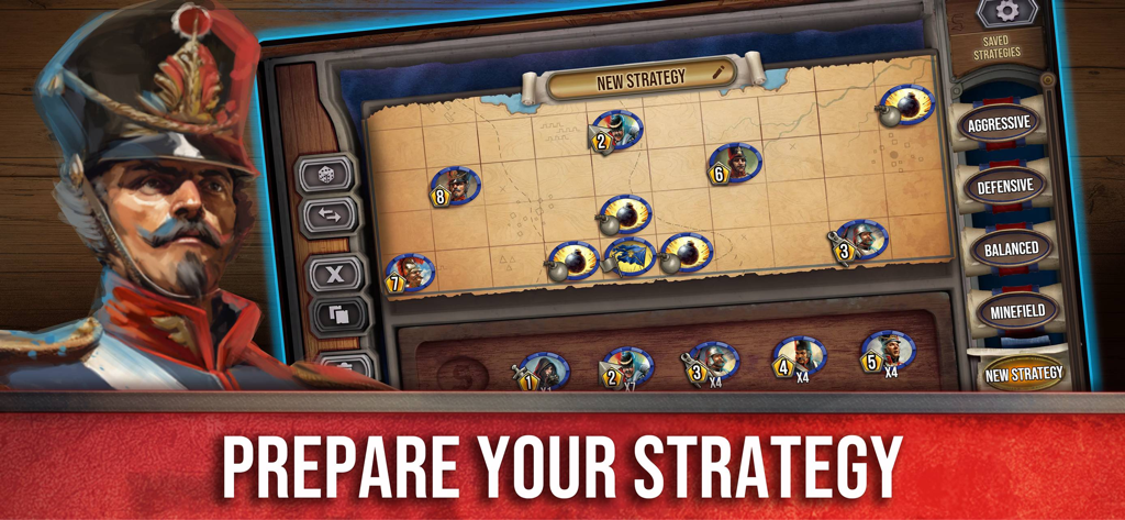 Stratego® Online - A screen in Stratego Online showing a game board setup with various unit pieces and saved strategy presets like Aggressive and Defensive.
