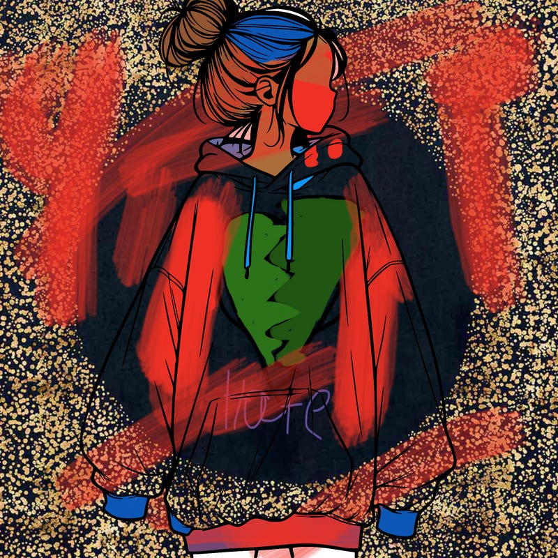 realistic girl with a oversized sweatshirt on and a bun