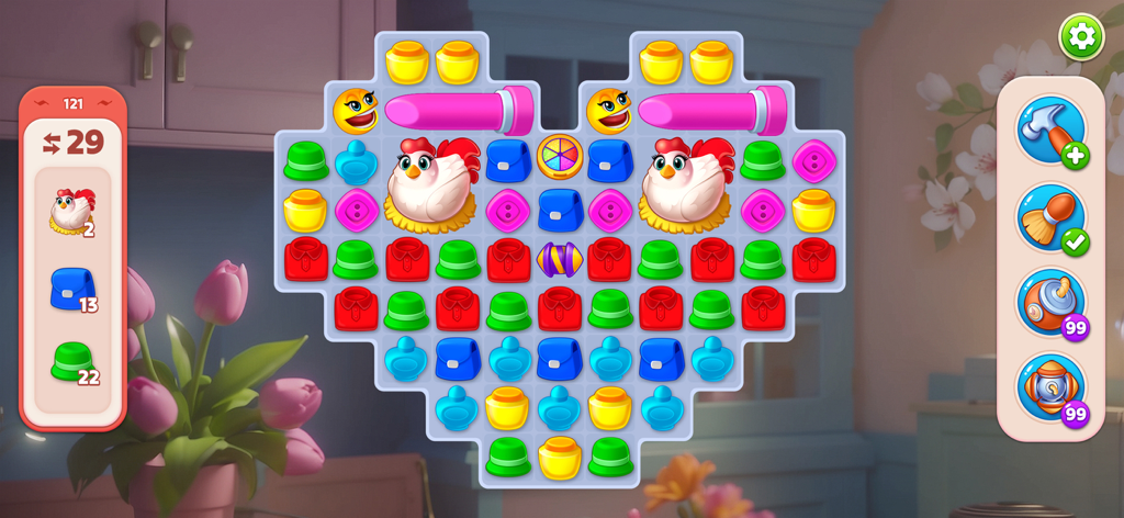 Dream Makeover - Match 3 Games - A heart-shaped match-3 puzzle level in the Dream Makeover mobile game featuring various fashion and clothing icons