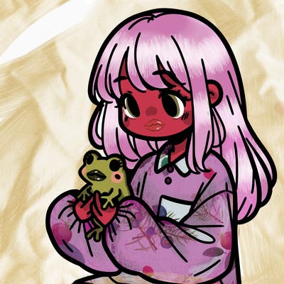 girl with long hair and a oversized shirt. and she is holding a frog