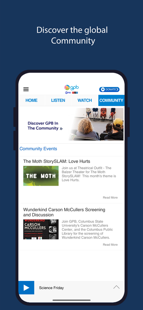 GPB - GPB mobile app community section showing local Georgia events and screenings