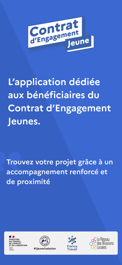 Contrat d'Engagement Jeune - Welcome screen of the Contrat d Engagement Jeune app featuring its logo and a message about career support for young people