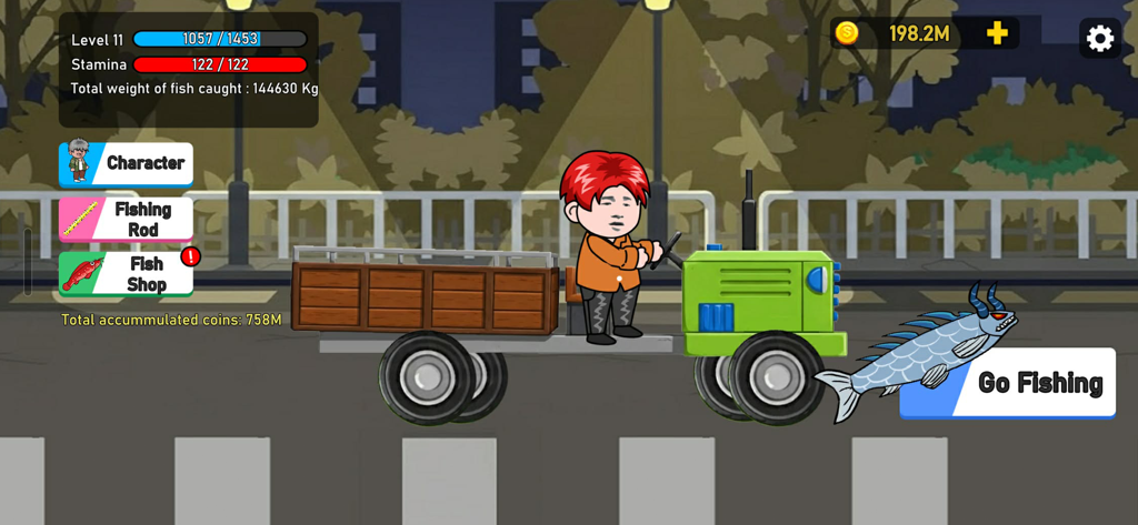 Fishing Mega Battle - Fishing Mega Battleで、モンスター魚の隣で緑色のトラクターを運転する赤毛のキャラクター。