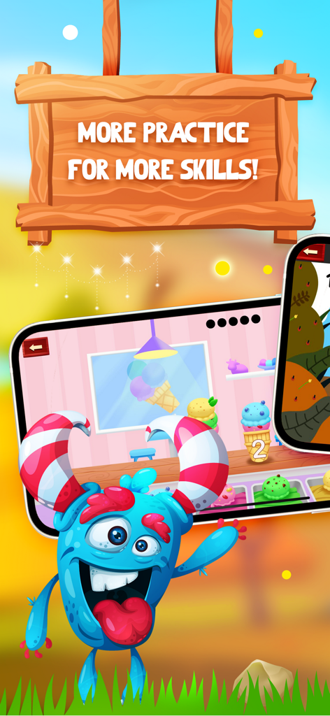 Adapted math - Fun mind games - A friendly blue monster character standing next to a smartphone screen showing an ice cream themed math game