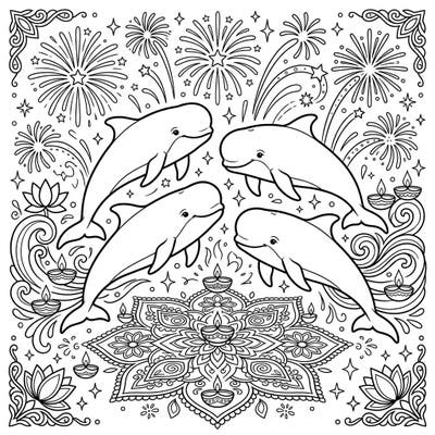 Discover a magical fusion of ocean life and festive celebration with our Pilot Whales Diwali coloring page. This enchanting scene features a pod of cheerful pilot whales surrounded by sparkling fireworks and traditional Diwali patterns.