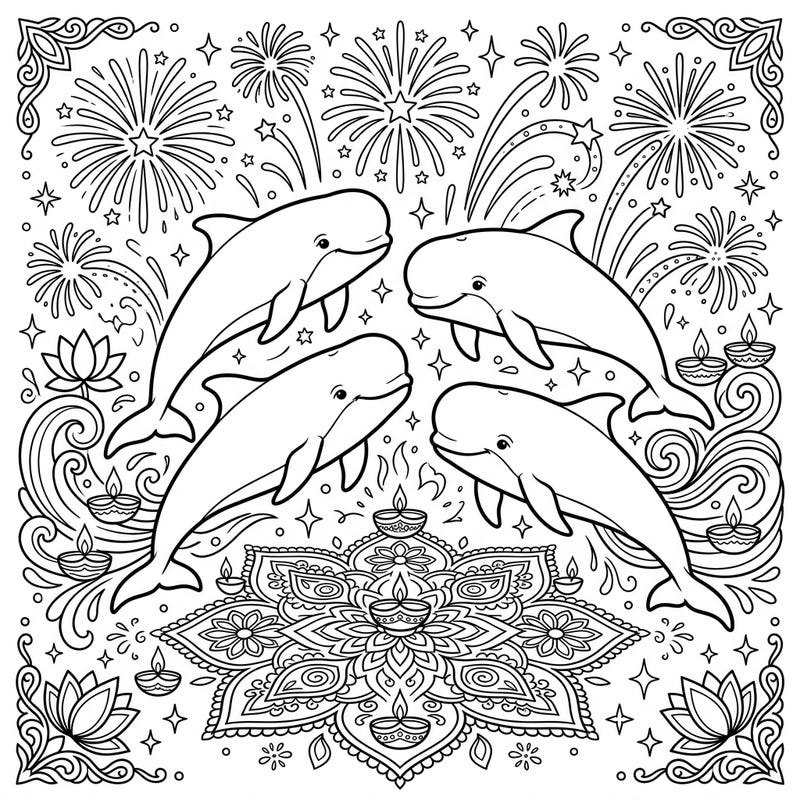 Discover a magical fusion of ocean life and festive celebration with our Pilot Whales Diwali coloring page. This enchanting scene features a pod of cheerful pilot whales surrounded by sparkling fireworks and traditional Diwali patterns.