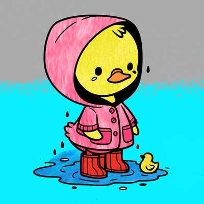 baby duck in a rain coat and boots, in a puddle while it’s raining