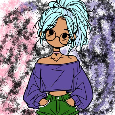 girl with a messy ponytail glasses a baggy crop top and jean shorts