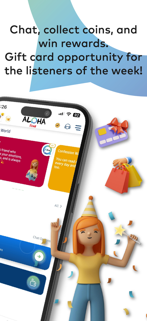 Aloha Live - Anonymous Chat - Screenshot der Aloha Live App, die Chat-Belohnungen und Geschenkkarten-Möglichkeiten für Top-Zuhörer bewirbt