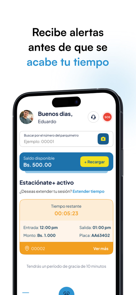 Mobile screen of Estacionate Plus app displaying a parking countdown timer and account balance in Spanish.