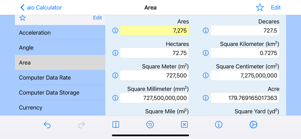 Area unit conversion interface in the All in One Calculator app