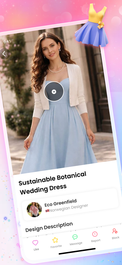 Evaer - A mobile app interface displaying a sustainable botanical wedding dress design with options to like and message the designer