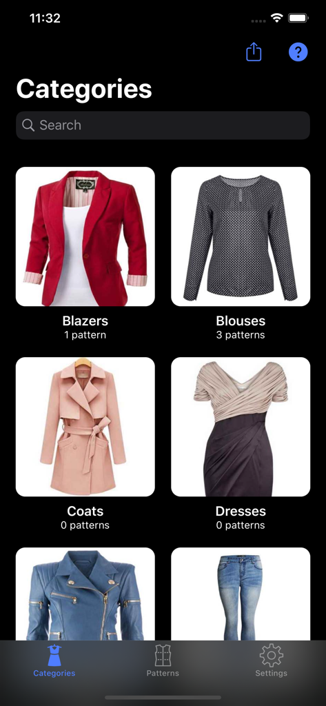 Sewing Patterns Lite - Sewing Patterns Lite app interface showing garment categories like blazers and blouses