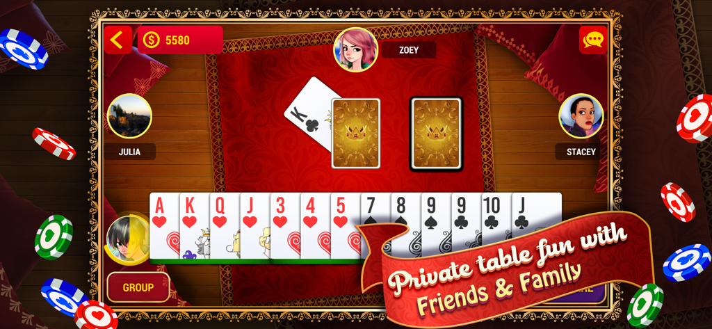 Online Indian Rummy card game interface showing a private table match with friends