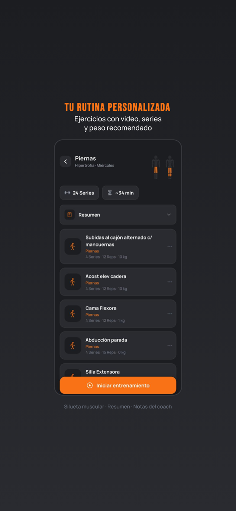Triforce Gym - Captura de pantalla de la aplicación Triforce Gym que muestra una rutina de ejercicios de piernas personalizada con series y duración
