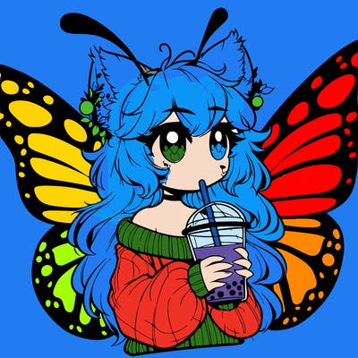 a realistic butterfly/furry girl drinking boba