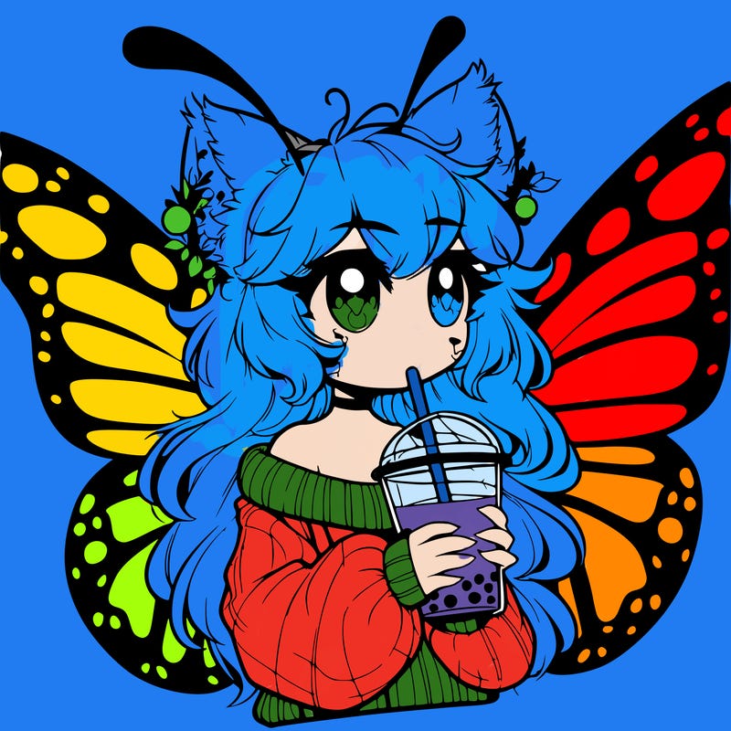 a realistic butterfly/furry girl drinking boba