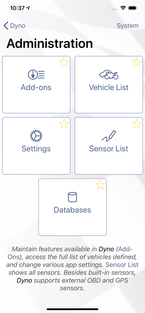 Harry's Dyno - Administration screen of the Harrys Dyno app with vehicle and sensor settings