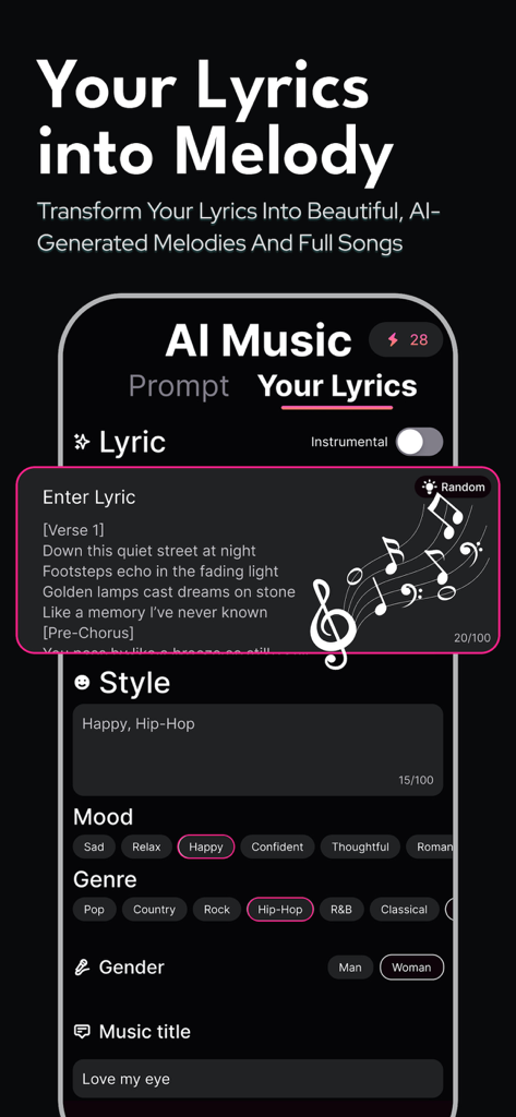 AI Music app screen displaying the process of turning lyrics into a song with genre and mood options.
