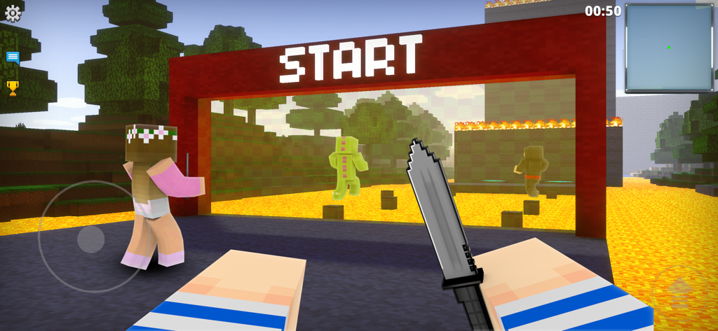 Vue à la première personne d'une course d'obstacles pixélisée avec une grille de départ et des joueurs