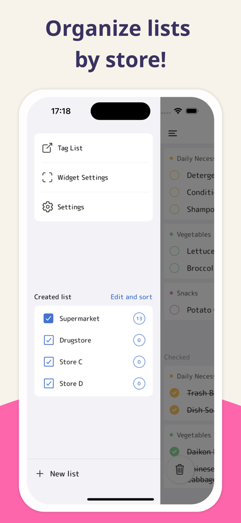 Shopii – Grocery Shopping List - Shopii 모바일 앱 화면으로 다양한 매장별로 식료품 목록을 정리하는 옵션 표시