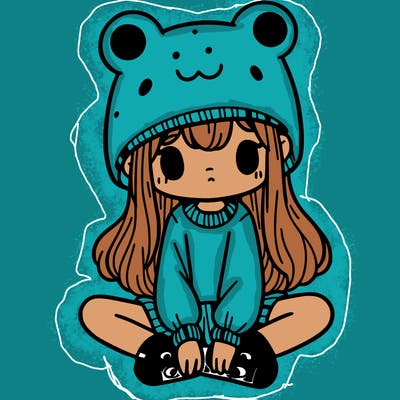 a girl wearing a frog hat and some frog socks