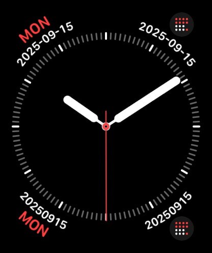 Analog Apple Watch face displaying various ISO 8601 date complications using the Date601 app
