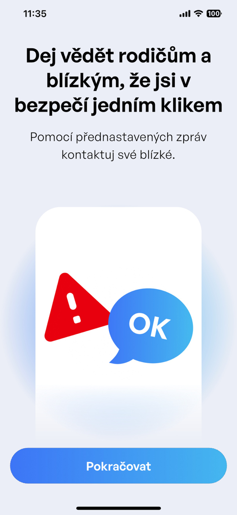 Maják - Pantalla de la aplicación Majak que muestra una función para notificar a los miembros de la familia sobre la seguridad con un estado de OK con un solo clic.
