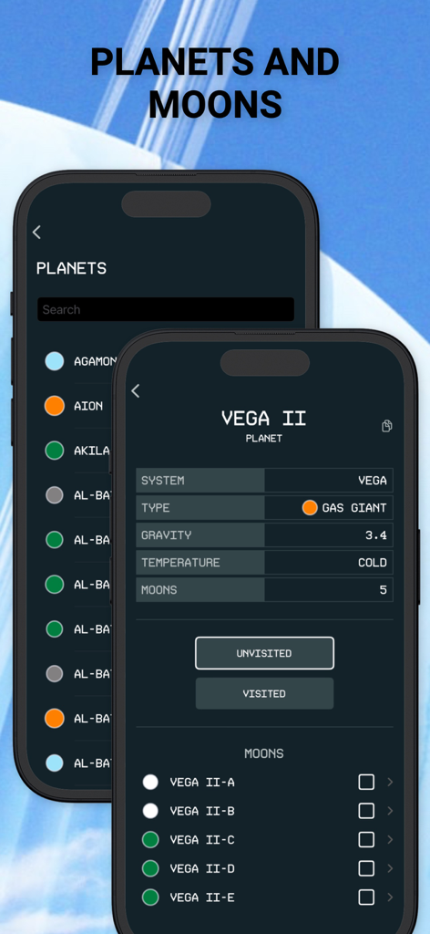 Companion & Guide for SF - Interface do aplicativo móvel exibindo uma lista de planetas e estatísticas detalhadas de exploração para o planeta Vega II