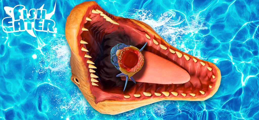 A giant predatory fish with sharp teeth swallowing a smaller fish in blue water