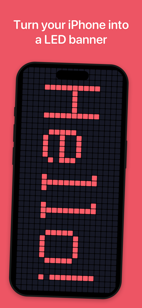 Una pantalla de iPhone que muestra un mensaje LED rojo de desplazamiento que dice HOLA usando la aplicación LEDit