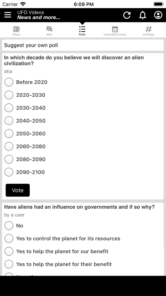 UFO Videos, News & more... - User polls section in the UFO Videos News app featuring questions about alien civilizations.