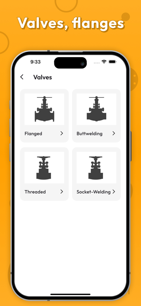 Pipe Data - Interface do aplicativo Pipe Data exibindo categorias de seleção de válvulas industriais, incluindo opções flangeadas e de solda de topo