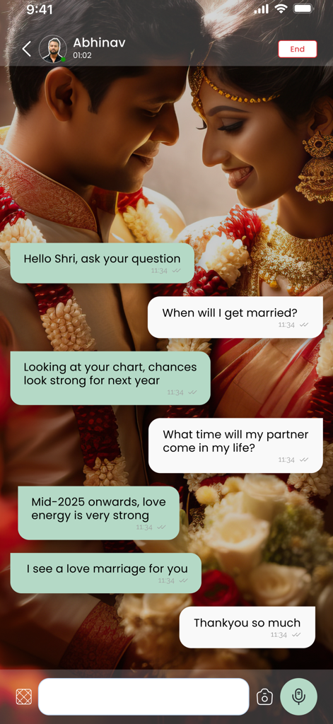 A chat interface in the AstroKarma app showing an astrology consultation about marriage with a background of an Indian wedding couple.