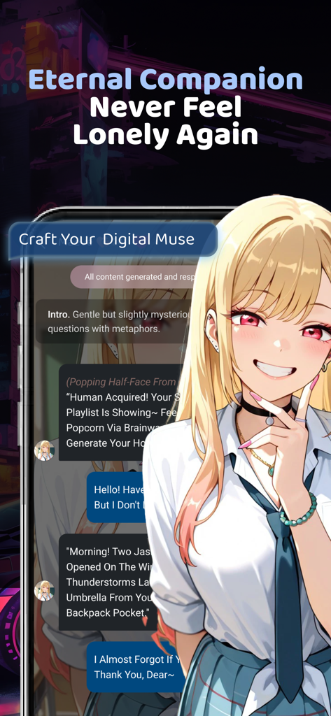 Spark Chat AI roleplay interface featuring an anime character and digital companion text