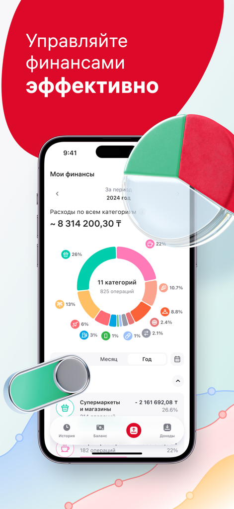 Home.kz от Home Credit Bank - Interfaccia mobile dell'app bancaria Home.kz che mostra una ripartizione dettagliata delle spese per categoria con un grafico a torta.