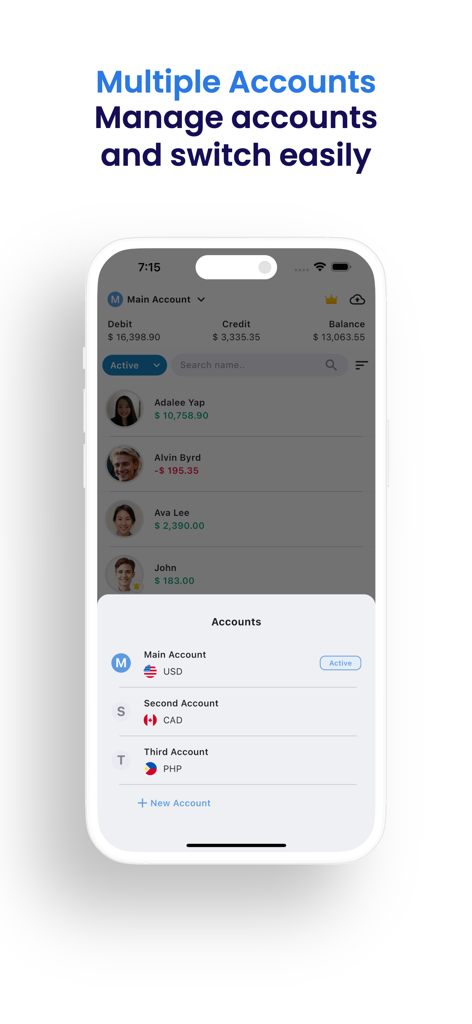 EzDebt Book - Debt Manager - EzDebt Book app screen showing multiple currency accounts management for USD, CAD, and PHP