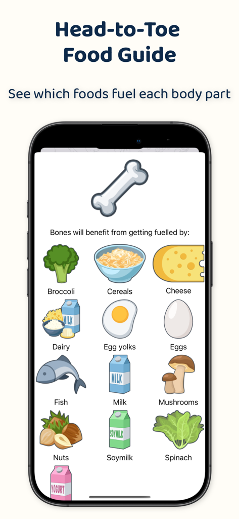 Healthy Food Advisor - Aplicativo Healthy Food Advisor mostrando uma lista de alimentos como leite, brócolis e ovos que beneficiam a saúde óssea
