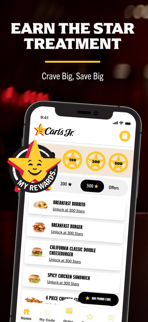 Carls Jr mobile app interface showing MyRewards points and available food items